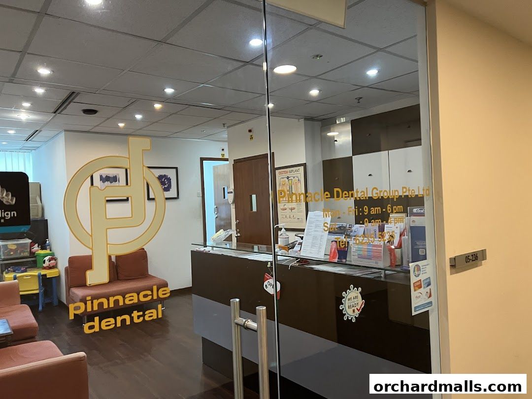 Entrance to Pinnacle Dental Group Pte Ltd, featuring their logo and reception area.