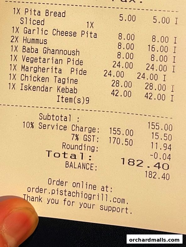 A receipt from Pistachio Middle Eastern Mediterranean Grill showing food items and total cost.