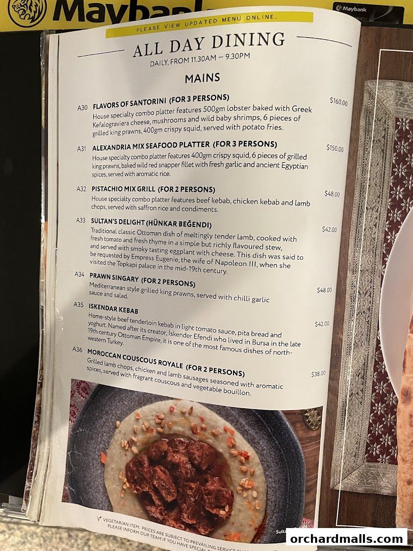 A menu page from Pistachio Middle Eastern Mediterranean Grill featuring mains.