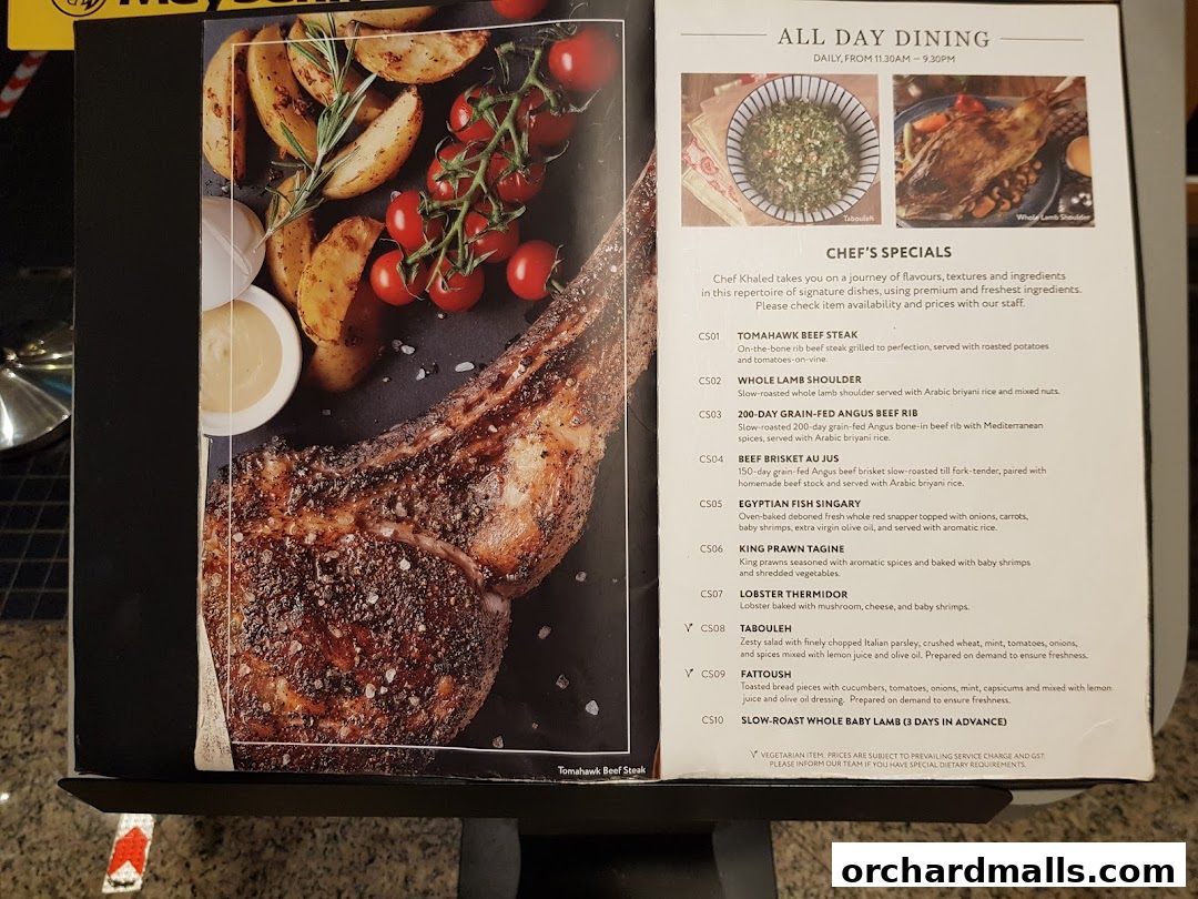 A menu featuring 'Chef's Specials' with dishes like Tomahawk Beef Steak and Whole Lamb Shoulder.