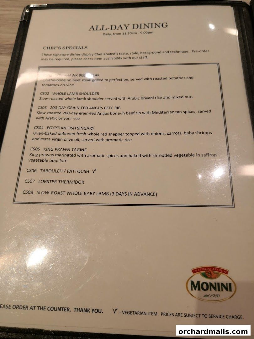 A menu featuring Chef's Specials with descriptions of various dishes.