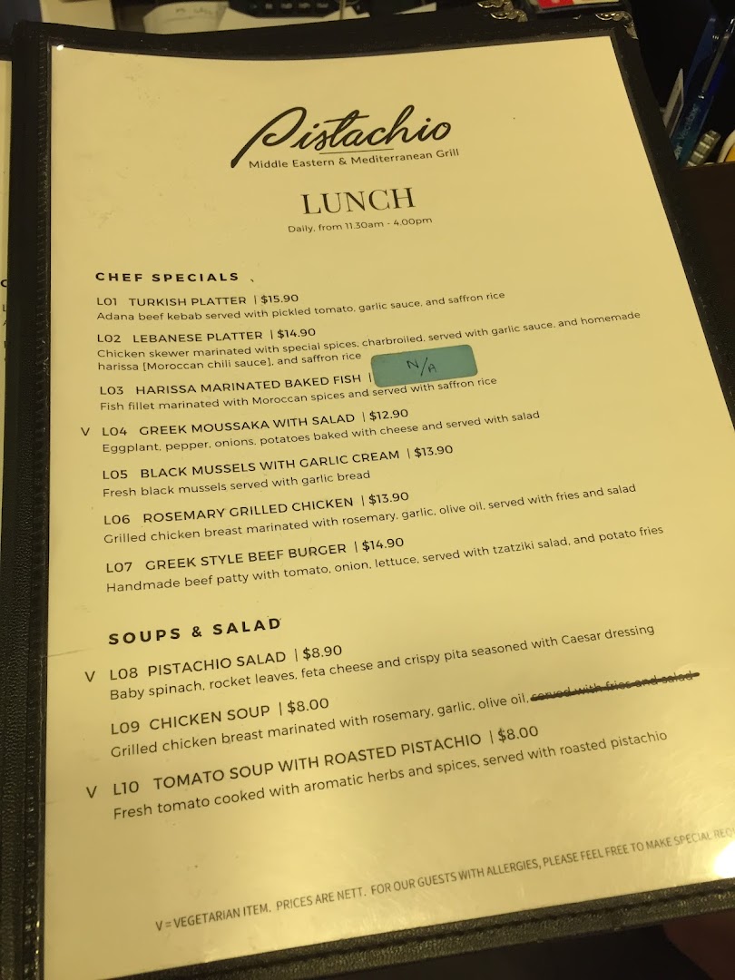 Menu page for Pistachio Middle Eastern  Mediterranean Grill