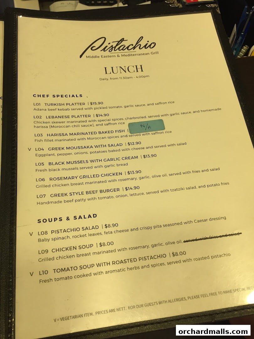 A menu from Pistachio Middle Eastern & Mediterranean Grill featuring lunch specials and soups.