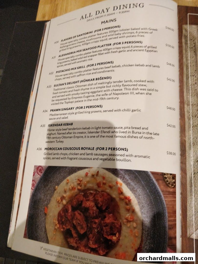 A menu from Pistachio Middle Eastern Mediterranean Grill featuring mains.