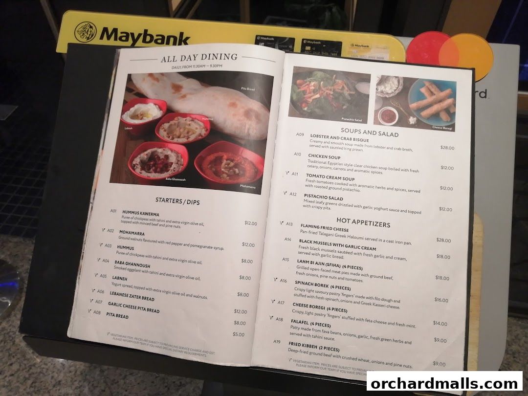 A menu from Pistachio Middle Eastern Mediterranean Grill showing starters, dips, soups, salads, and appetizers.