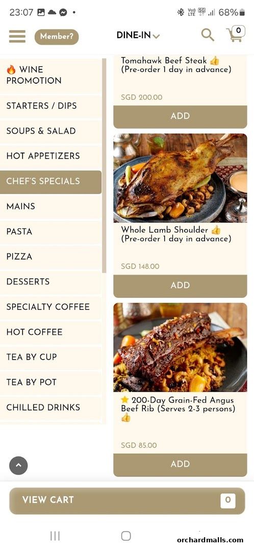 A mobile menu displaying chef's specials like Tomahawk Beef Steak and Whole Lamb Shoulder.