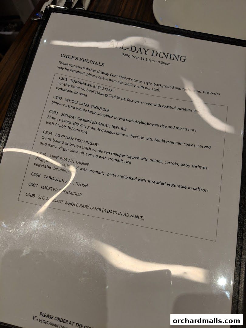 A menu featuring Chef's Specials for All-Day Dining at Pistachio.