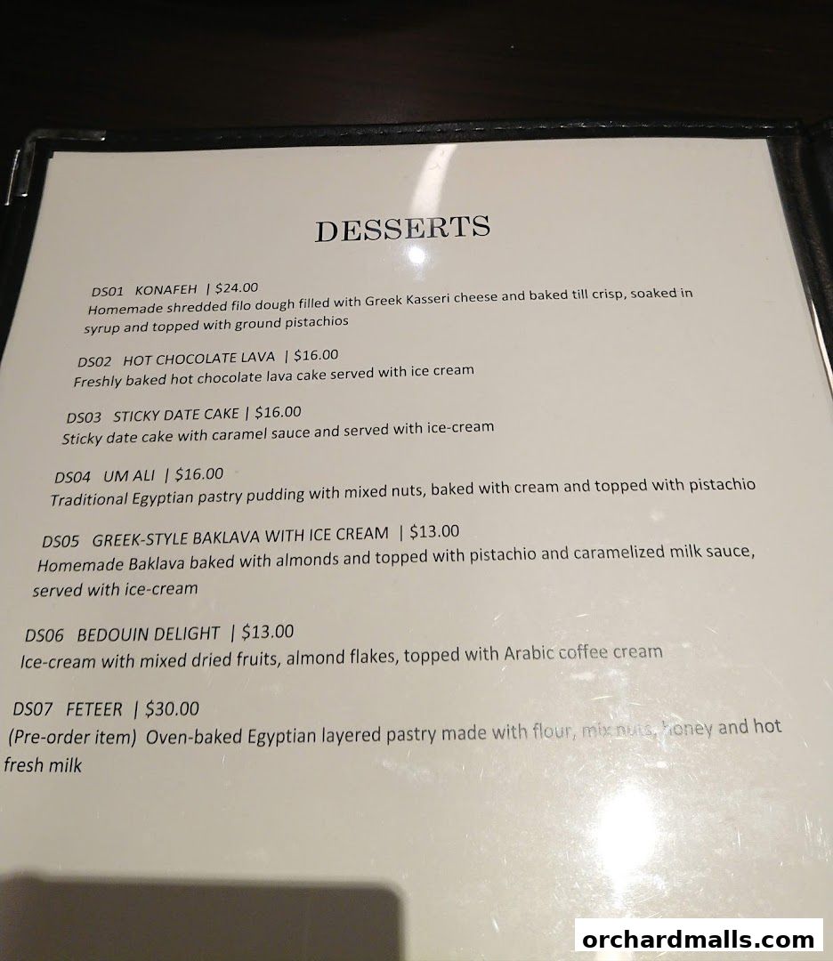 A menu page displaying various desserts with descriptions and prices.