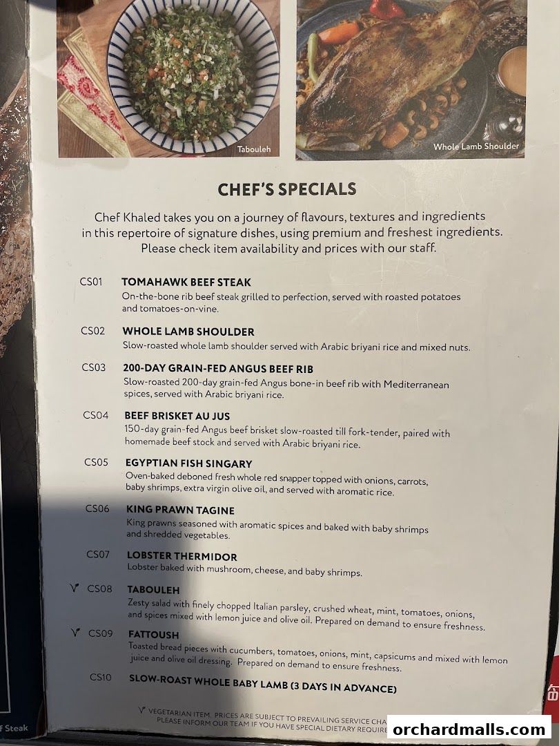 A menu page showcasing Chef Khaled's specials with descriptions and item codes.