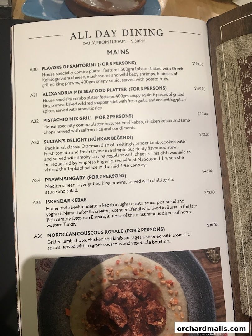 A menu page from Pistachio Middle Eastern Mediterranean Grill featuring main courses.