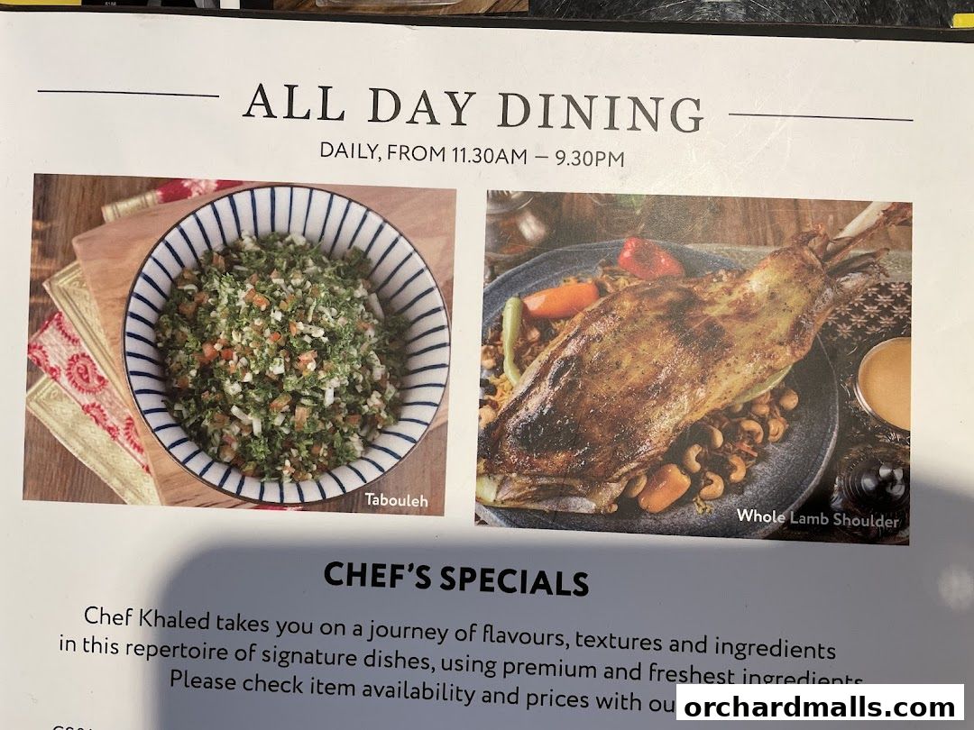 A menu featuring 'All Day Dining' with images of Tabouleh and Whole Lamb Shoulder.