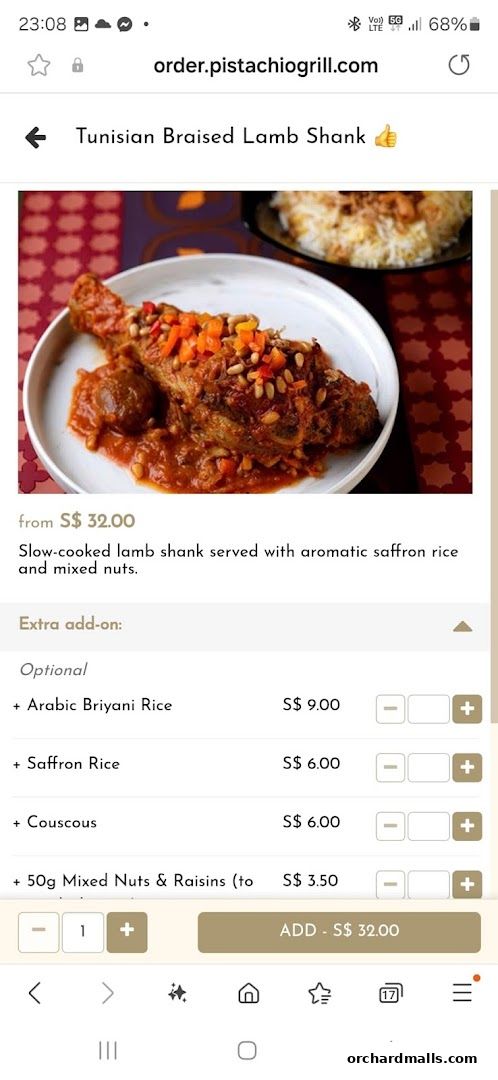 A delicious slow-cooked lamb shank dish with rice and optional add-ons.