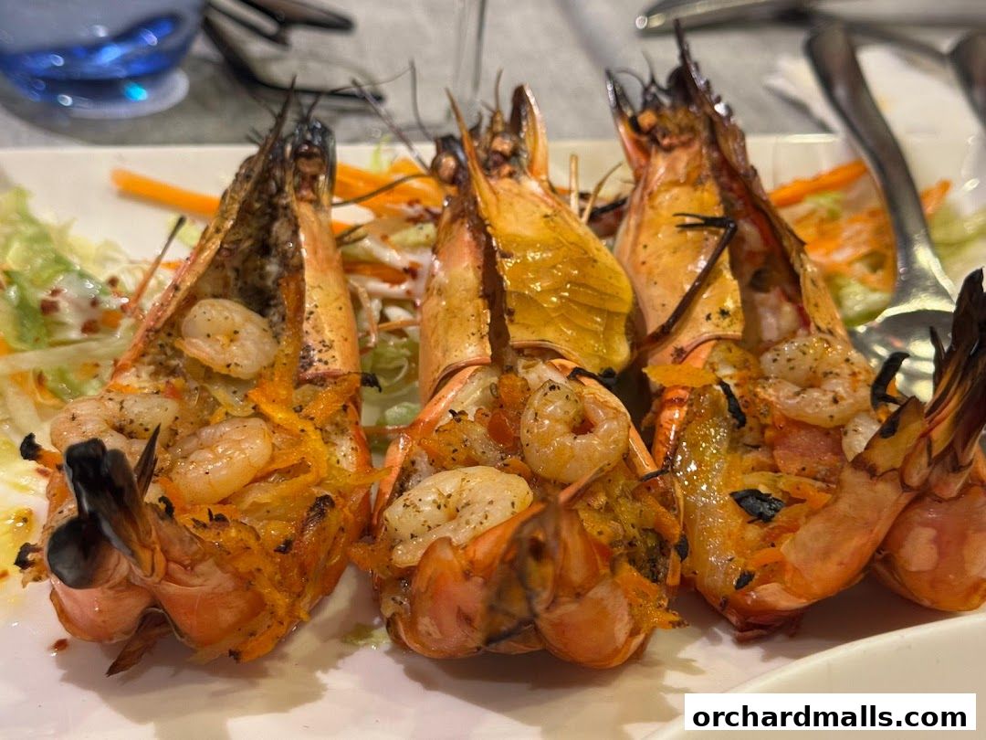Three large grilled prawns served with a side salad and shredded carrots.