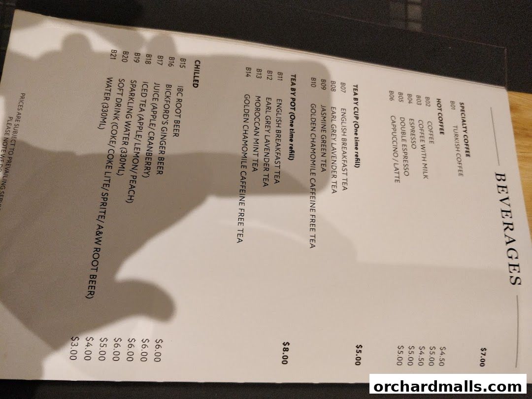 A menu for beverages at Pistachio Middle Eastern Mediterranean Grill, listing coffees, teas, and chilled drinks.