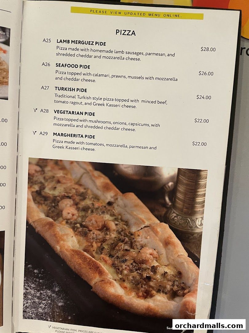 A menu page displaying various types of Pide pizzas with descriptions and prices.