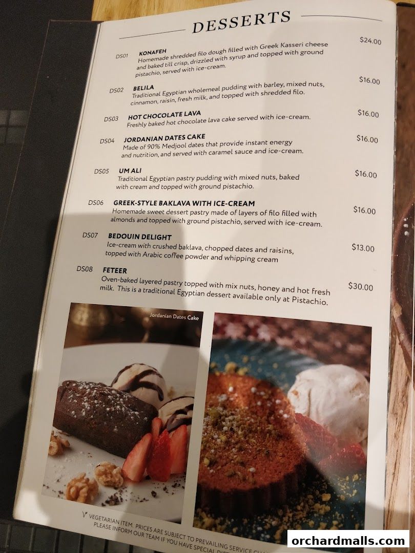 A menu page showcasing various Middle Eastern and Mediterranean desserts with descriptions and prices.