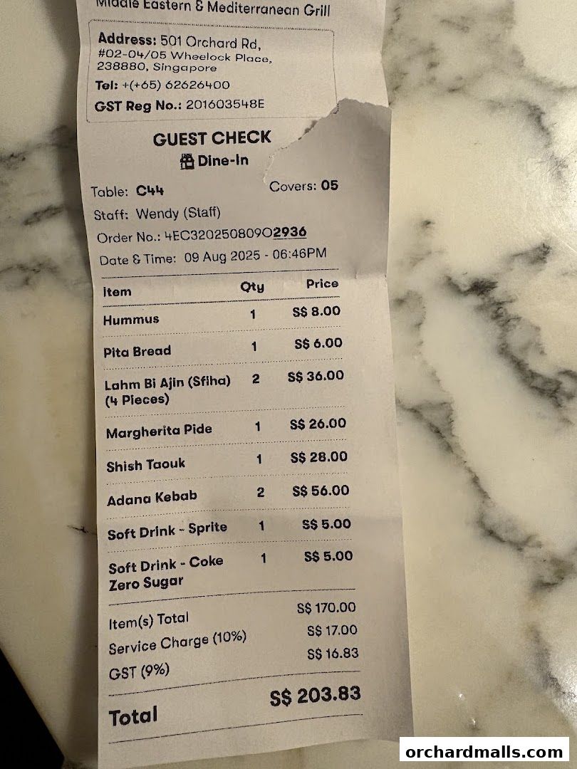 A guest check from Pistachio Middle Eastern & Mediterranean Grill showing food items and total cost.