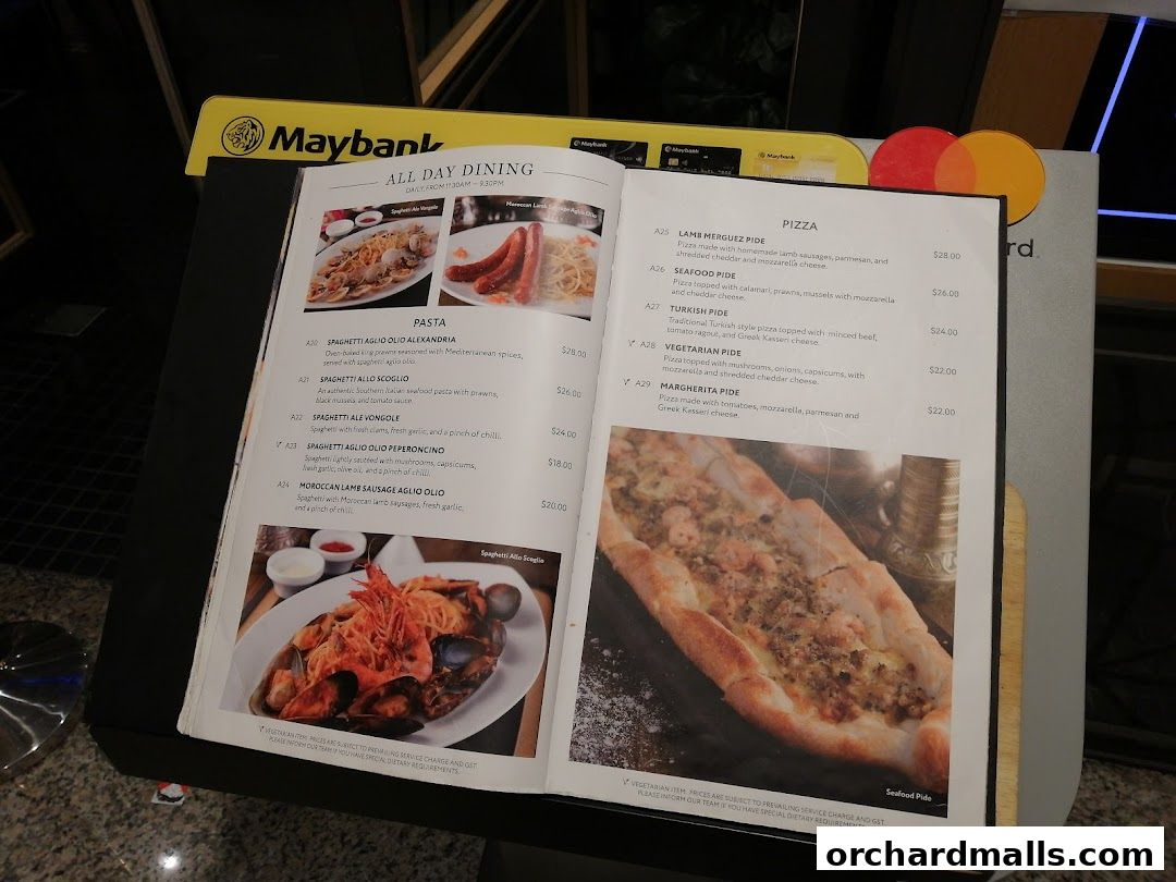 A menu from Pistachio Middle Eastern Mediterranean Grill featuring pasta and pizza dishes.