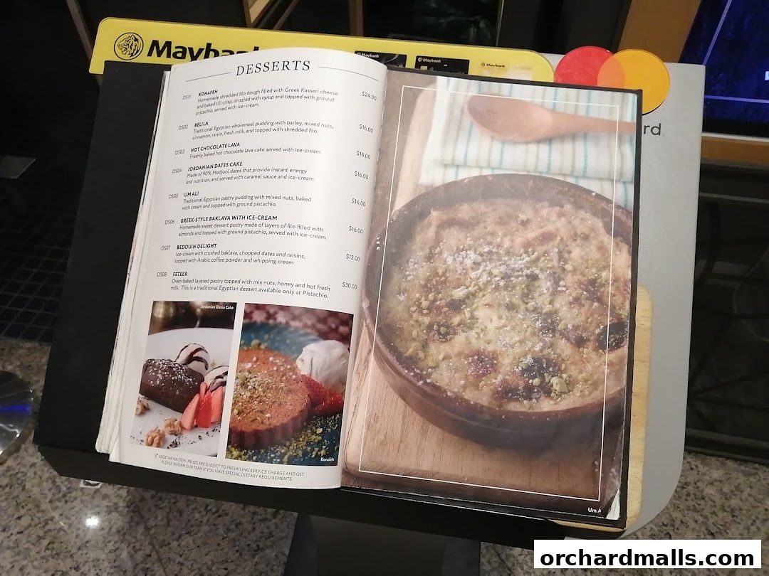A menu page from Pistachio Middle Eastern Mediterranean Grill featuring desserts.