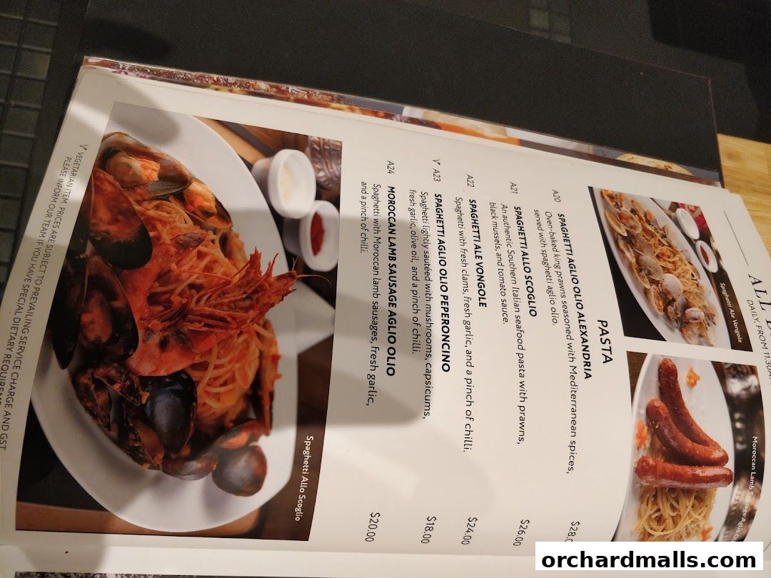 A menu page from Pistachio Middle Eastern Mediterranean Grill featuring pasta dishes.