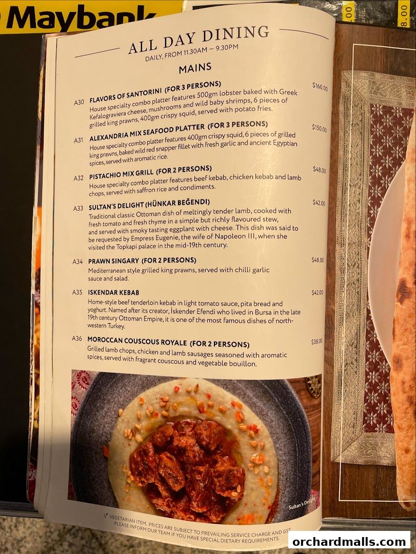 A menu page from Pistachio Middle Eastern Mediterranean Grill featuring main courses.