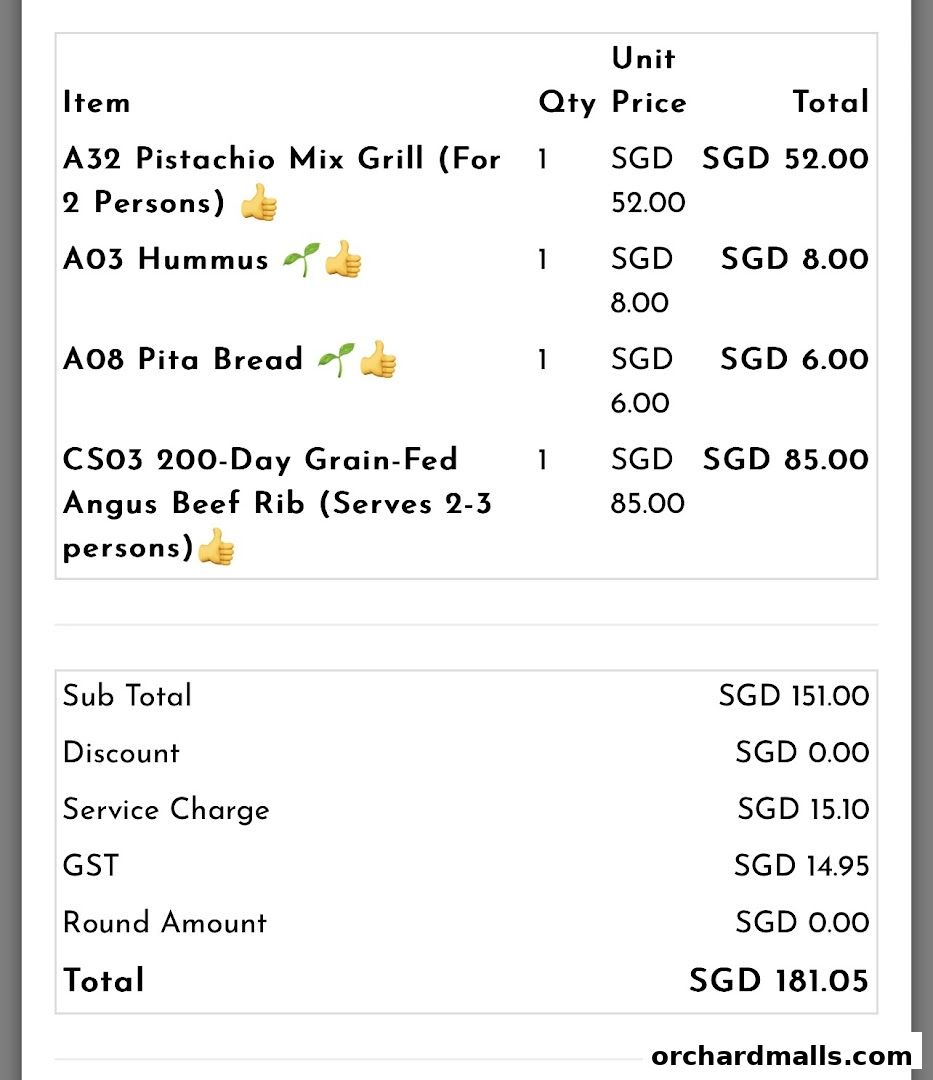 A receipt showing a list of Middle Eastern and Mediterranean grill items with prices.