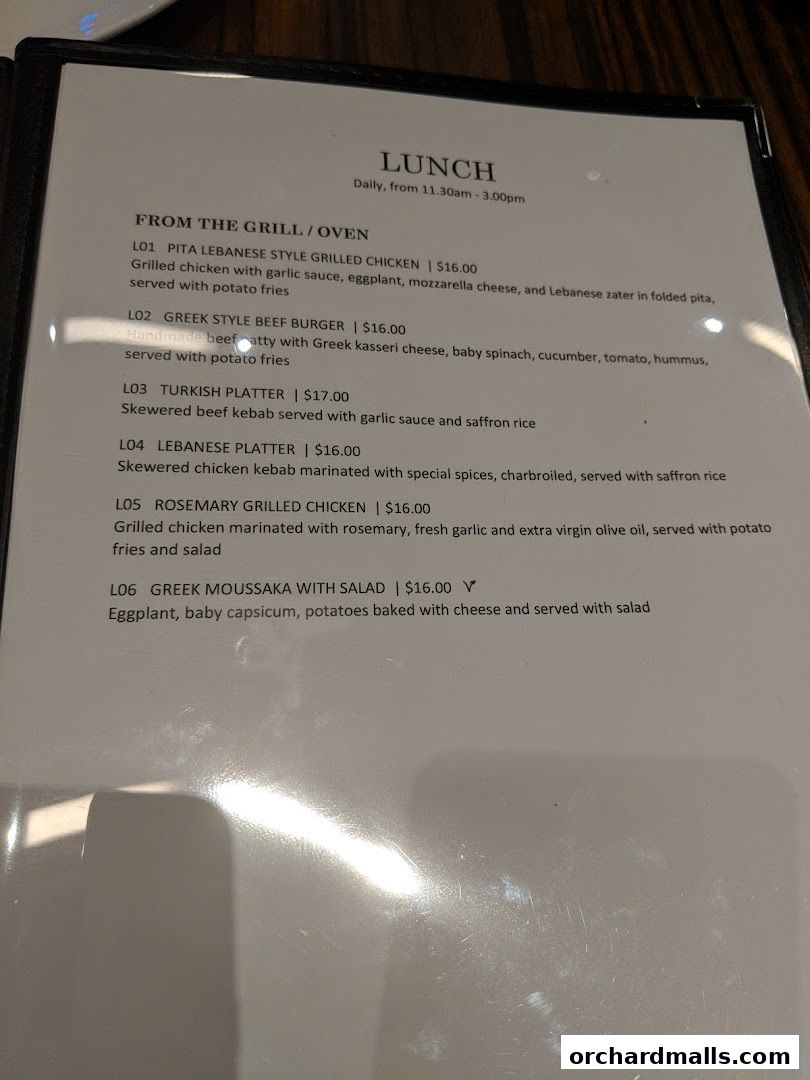 A lunch menu from Pistachio Middle Eastern Mediterranean Grill with grilled items.