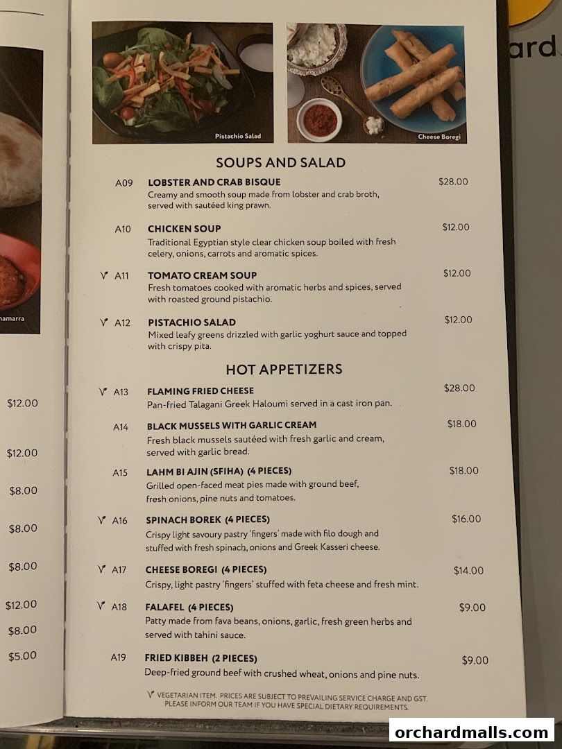 A menu from Pistachio Middle Eastern Mediterranean Grill featuring soups, salads, and hot appetizers.