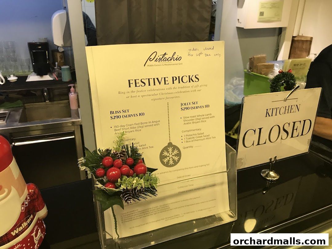 A menu for Pistachio Middle Eastern & Mediterranean Grill featuring festive sets.