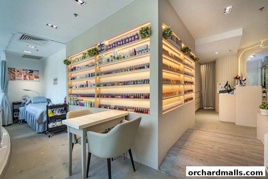 Interior of a nail spa with shelves stocked with nail polish and treatment beds.