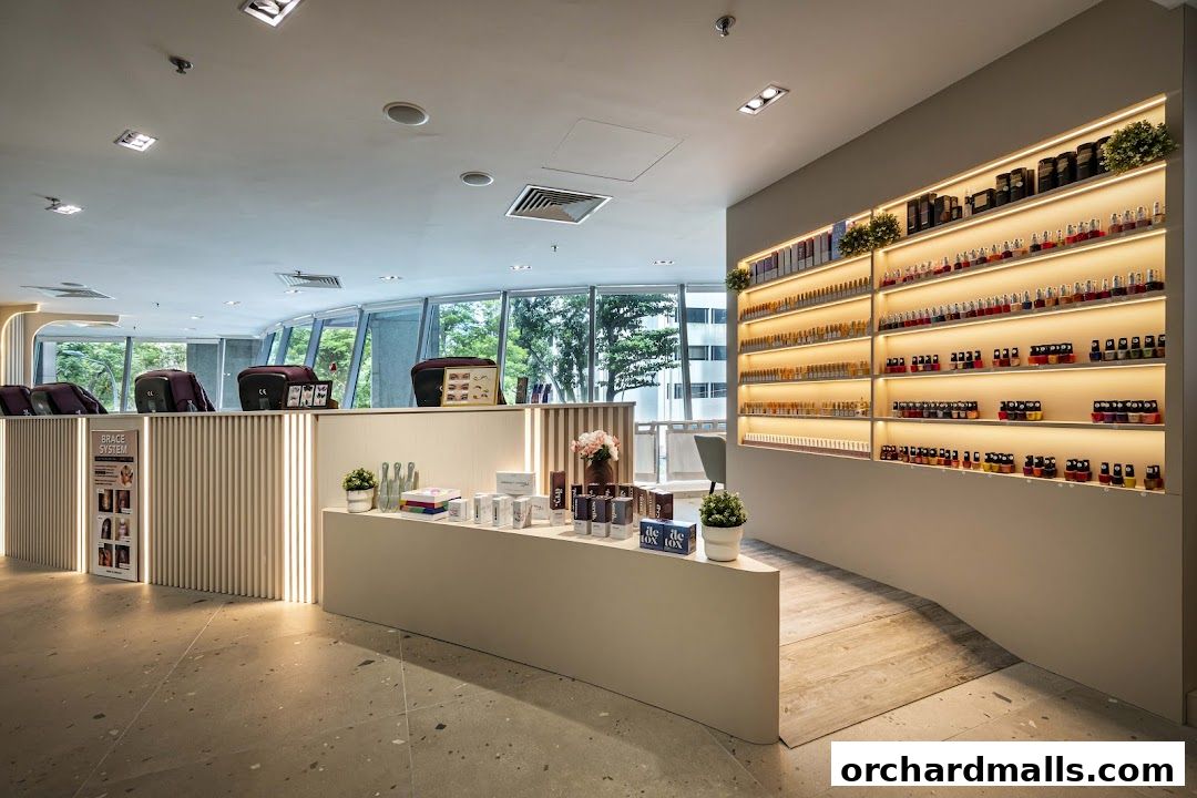 Interior of a nail spa with shelves of nail polish and massage chairs.