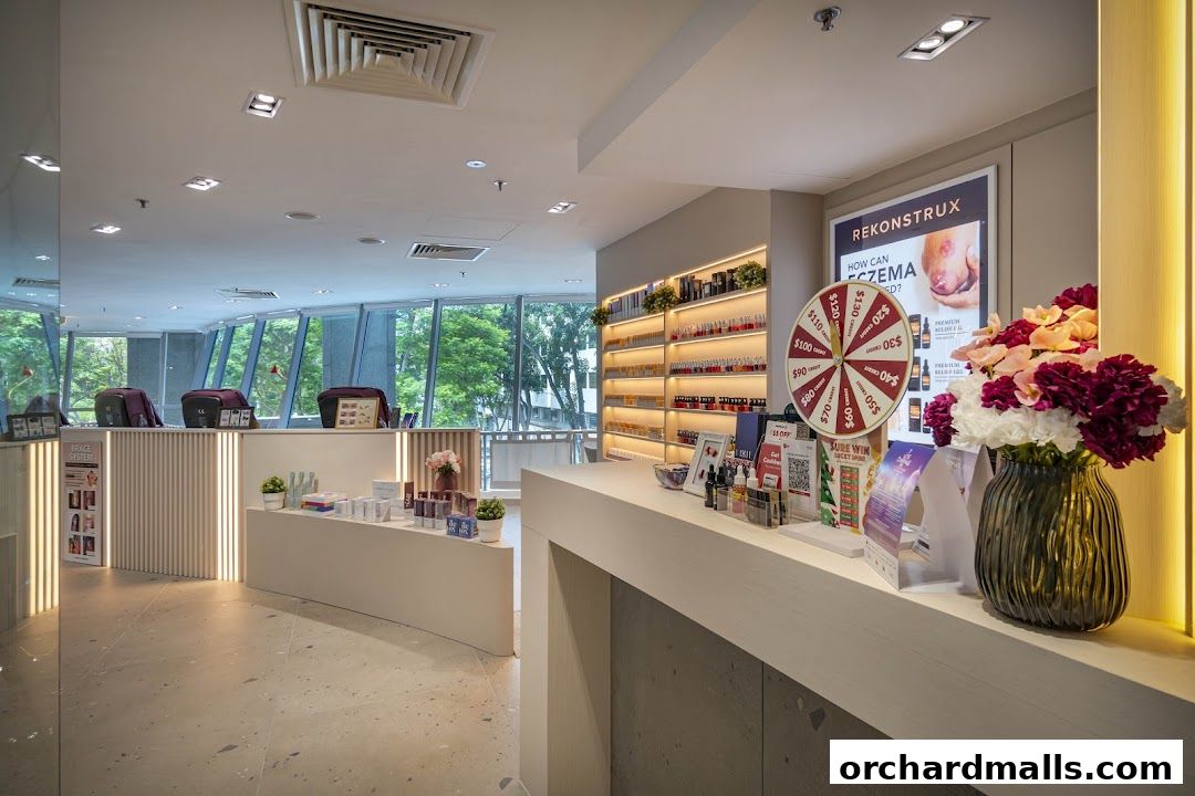 Interior view of a nail spa with product displays and a promotional wheel.