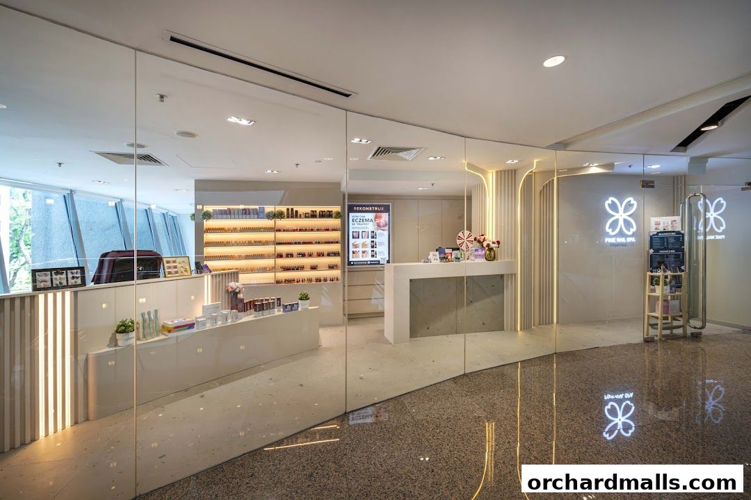 Interior view of Pixie Nail Spa with a reception desk, product displays, and nail polish shelves.