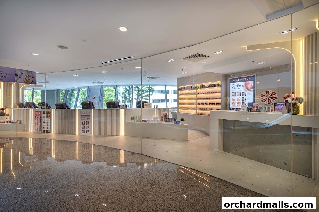 Interior view of a modern nail spa with product displays and seating areas.