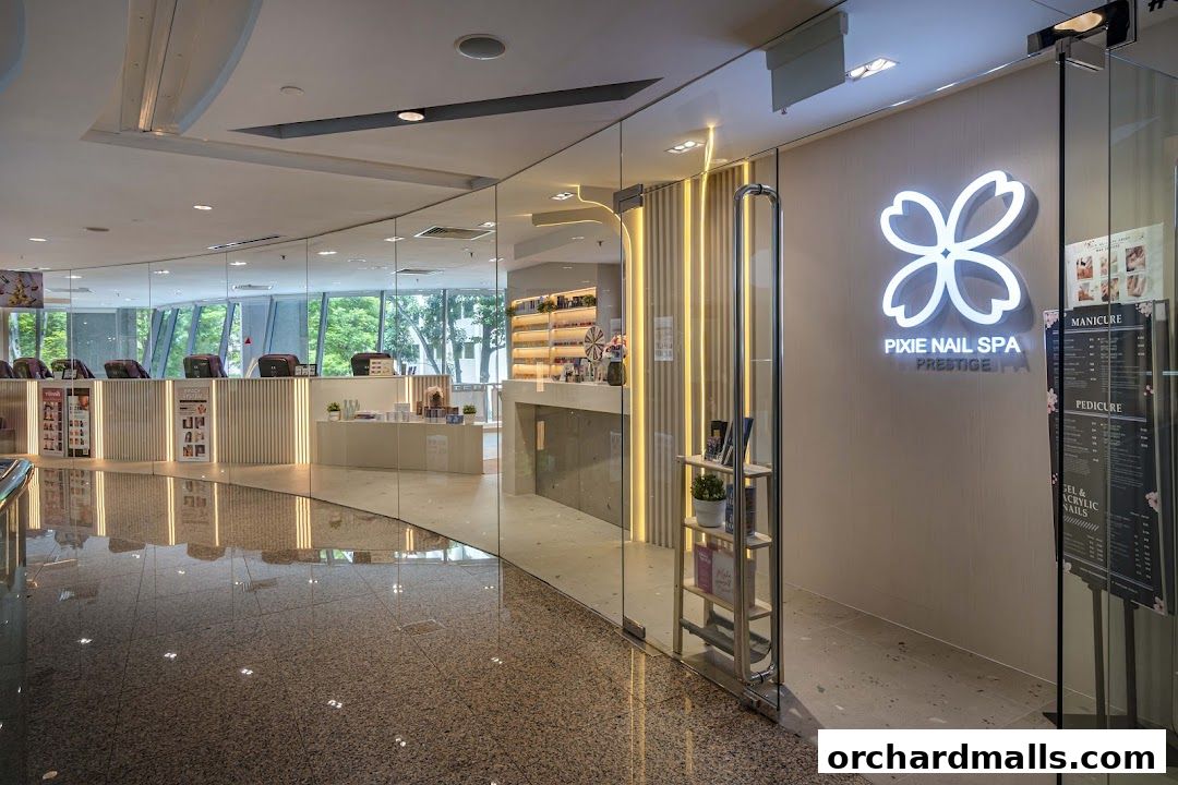Entrance to Pixie Nail Spa Prestige with a glowing logo and service menu displayed.