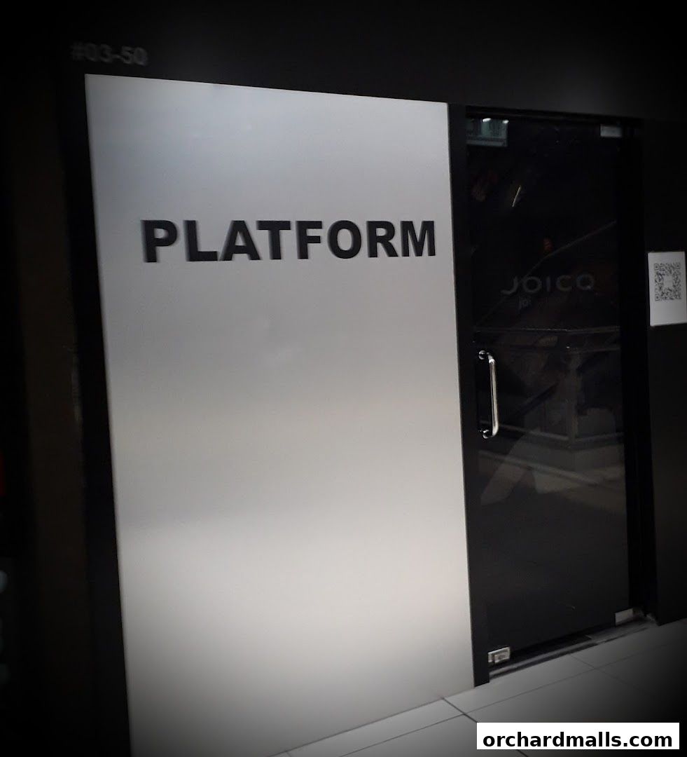 The entrance to Platform Salon, featuring a frosted glass panel with the salon name.
