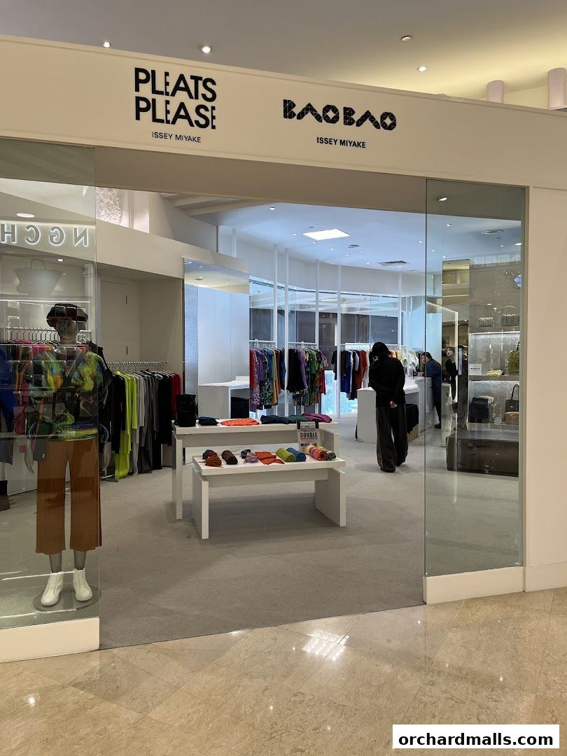 Entrance to PLEATS PLEASE ISSEY MIYAKE and BAO BAO ISSEY MIYAKE shop with clothing displays.