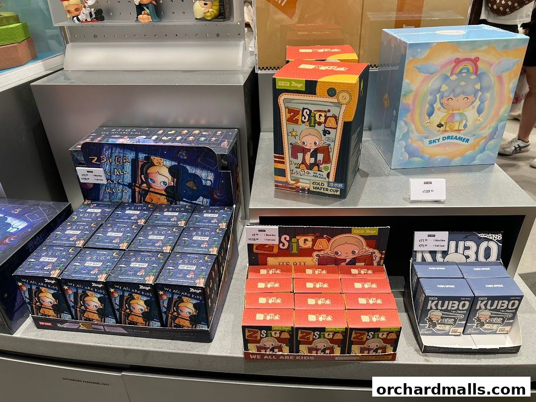 POP MART store display featuring various collectible blind boxes and merchandise.