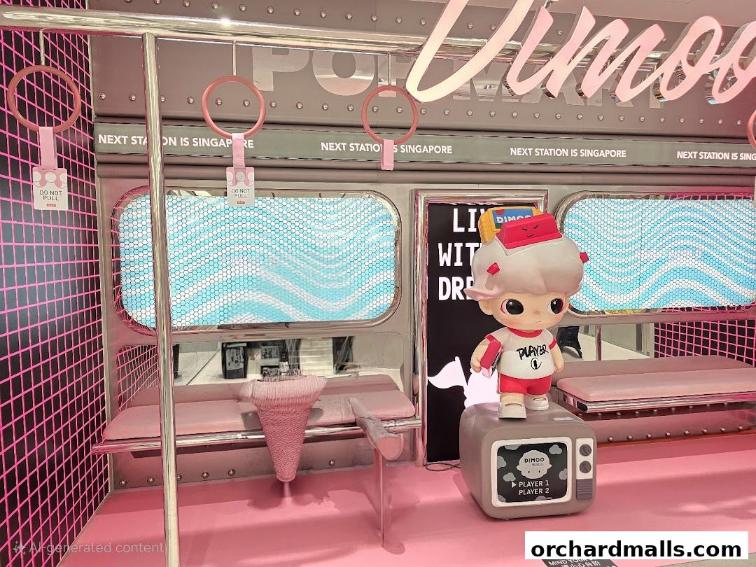 A POP MART store display featuring a Dimoo character in a subway-themed setting with pink accents.