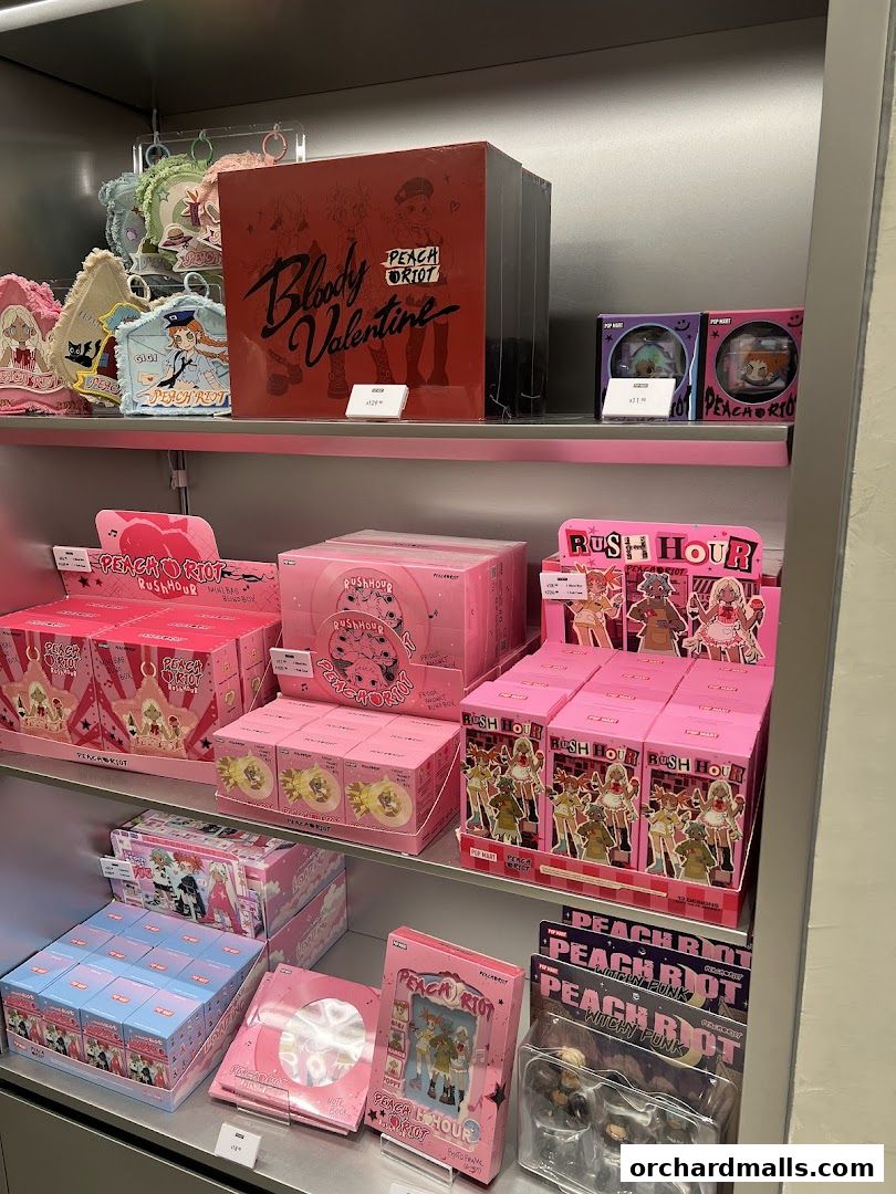 Shelves filled with colorful blind boxes and merchandise from POP MART.