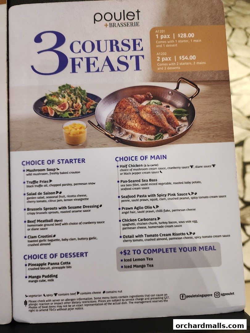 A menu for Poulet + Brasserie featuring a 3-course feast with choices of starters, mains, and desserts.