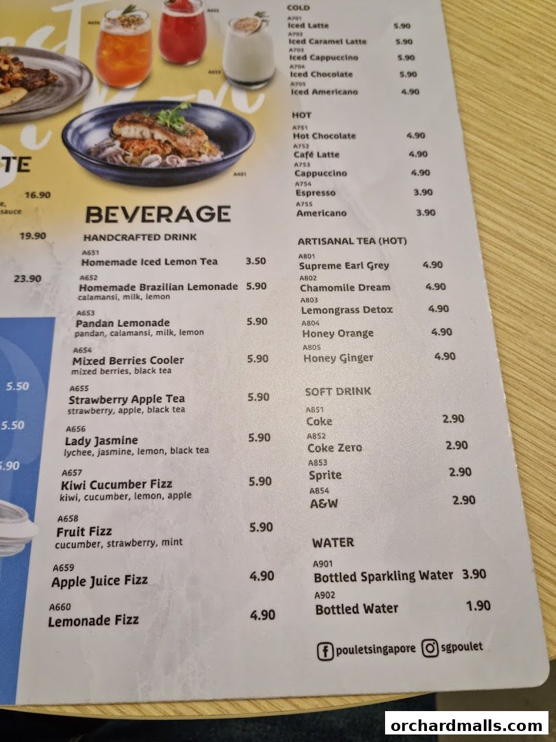 A menu from Poulet Brasserie featuring beverages like handcrafted drinks, artisanal teas, soft drinks, and water.