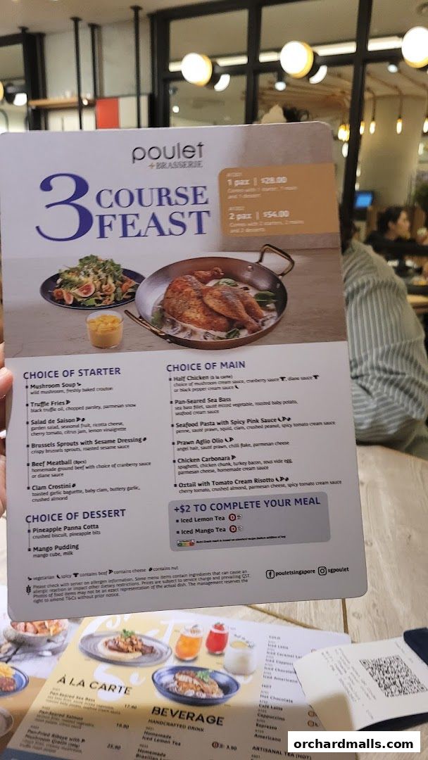 A menu from Poulet + Brasserie featuring a 3-course feast and a la carte options.