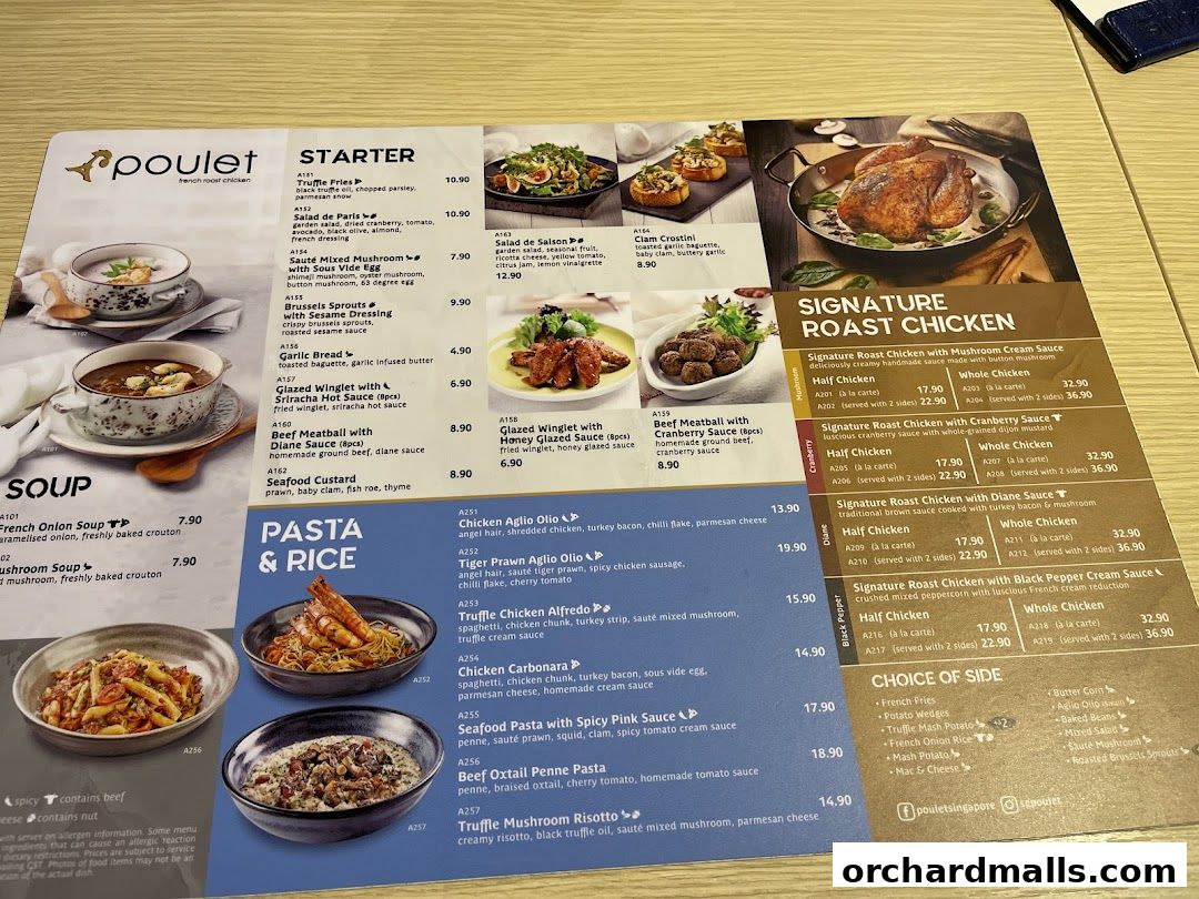 A menu from Poulet Brasserie featuring starters, soups, pasta, rice, and signature roast chicken dishes.