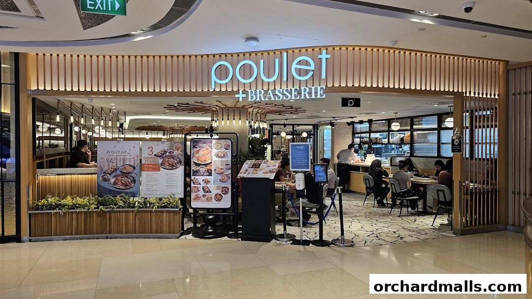 The exterior of Poulet + Brasserie restaurant with a modern, inviting ambiance and patrons dining inside.