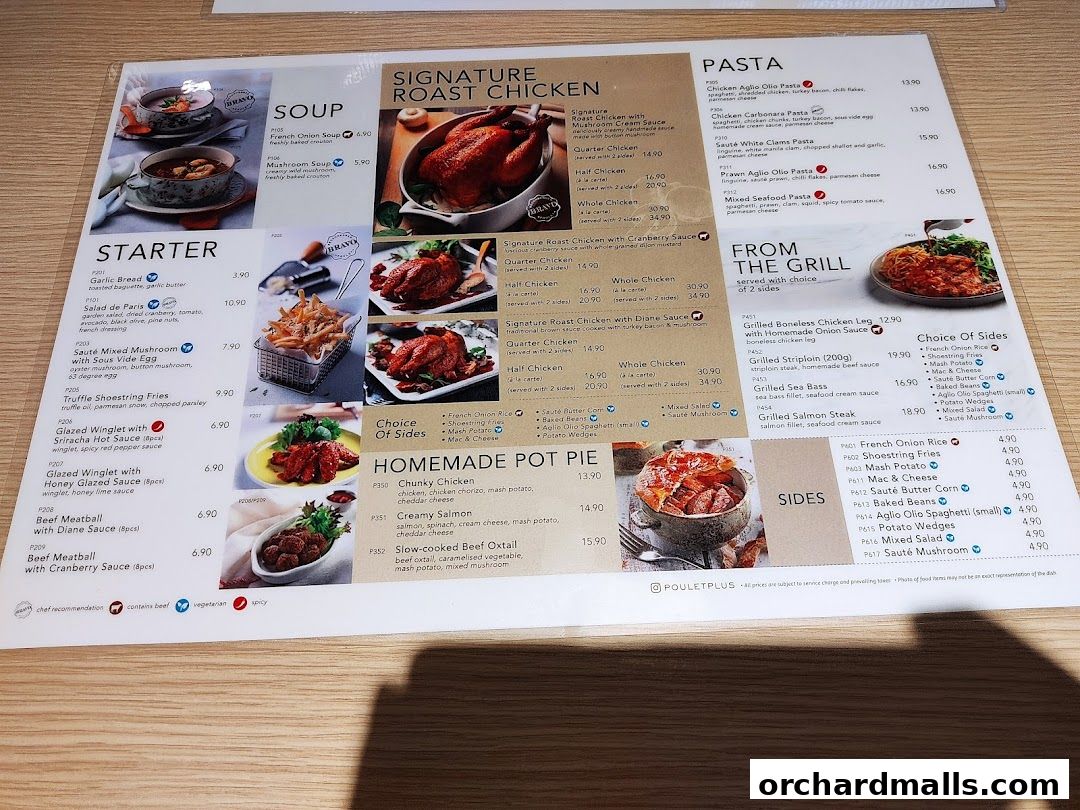 A menu from Poulet Brasserie featuring signature roast chicken, pasta, grilled dishes, and sides.