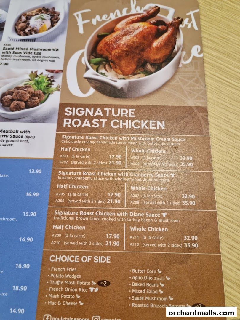 A menu featuring signature roast chicken with various sauces and a choice of sides.