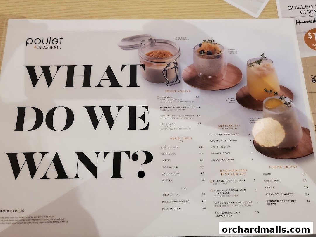 A menu from Poulet + Brasserie featuring desserts, coffee, tea, and other drinks.