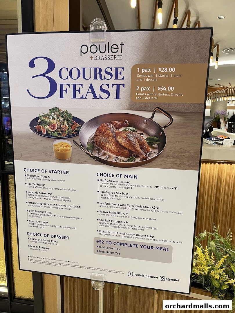 A menu board for Poulet Brasserie featuring a 3-course feast promotion.