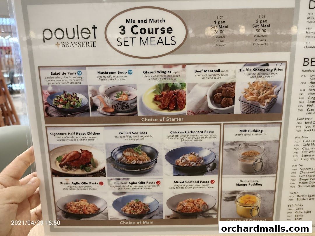 A menu from Poulet + Brasserie featuring 3-course set meals with various starter, main, and dessert options.